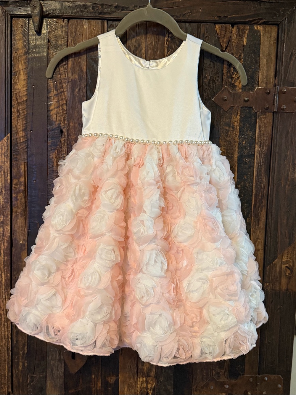 American Princess Girls 4T Pink White 3D Rosette Flower Pearl Formal Party Dress